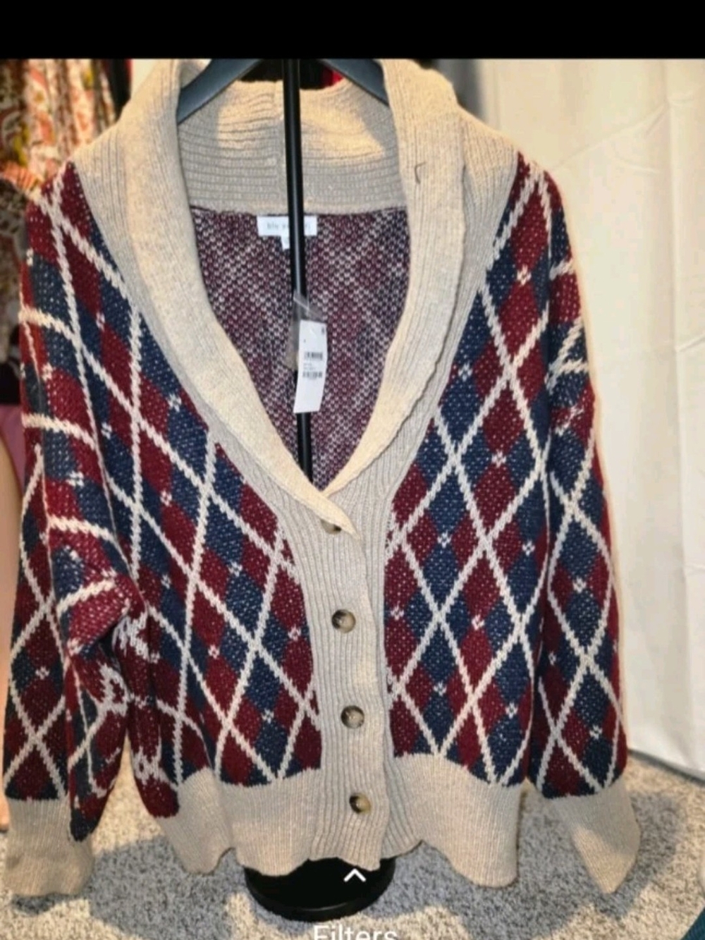 Blu Pepper Burgundy, Navy & Beige Argyle Shawl Collar Cardigan